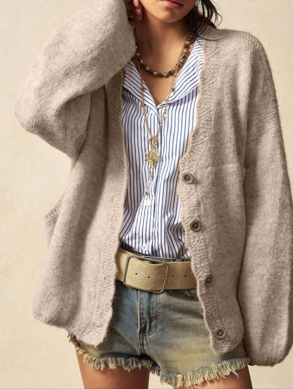 New Oversized Scalloped Trim Button Up Knit Cardigan Sweater Pockets Beige Tan
